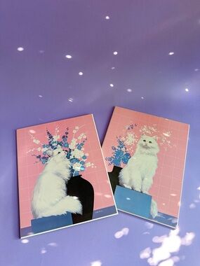 Vintage 80s Pink White Cat Sally Ross Board Prints